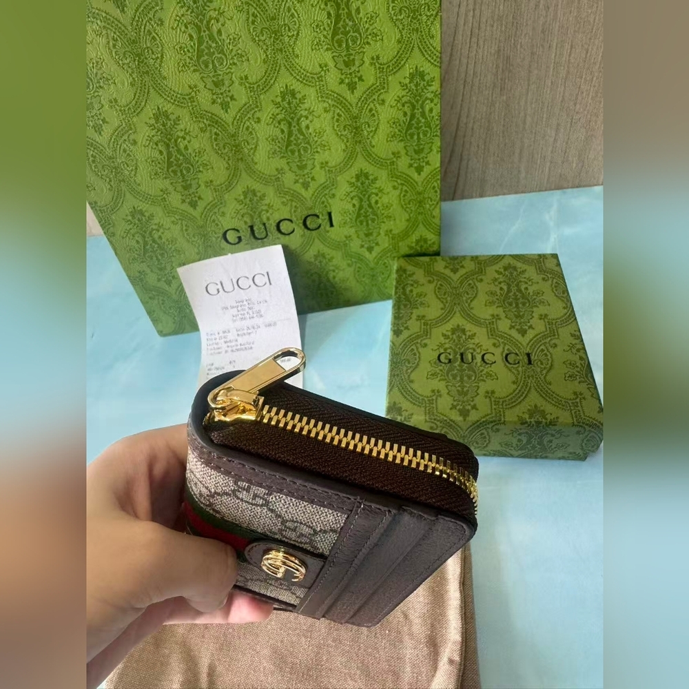 Gucci GG Canvas and Brown Leather Zip Card Holder - Beige/Brown/Green-Red - Picture 4 of 11
